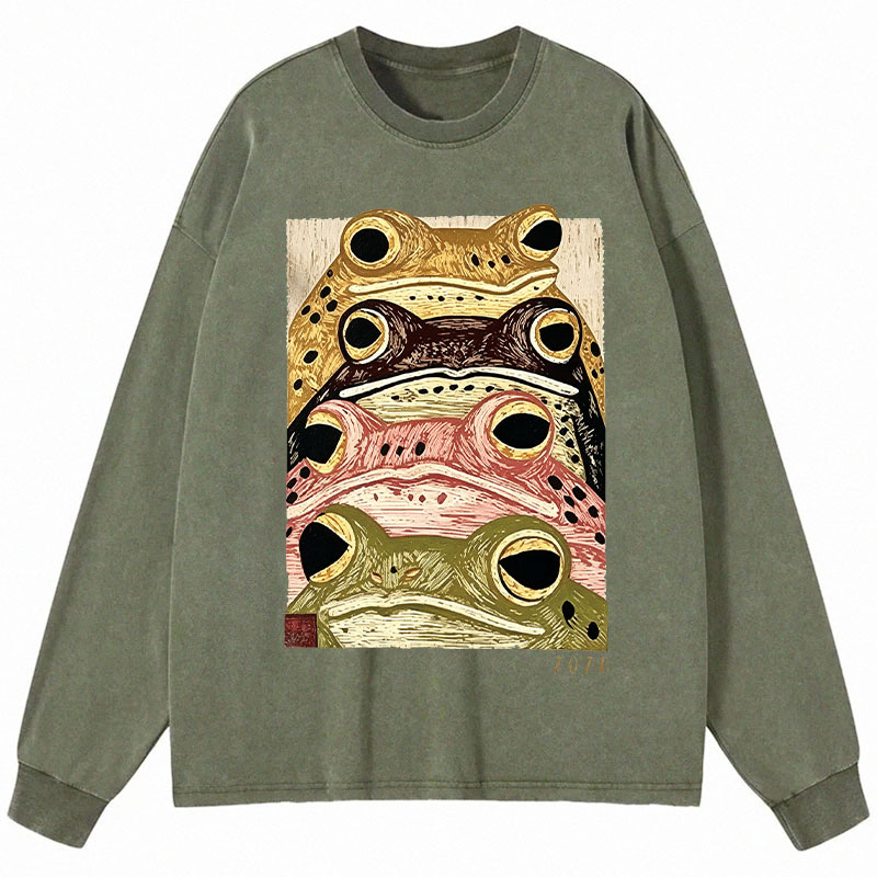 Tokyocanvas Whimsical Multi Colored Frog Art Long Sleeve Washed T-Shirt