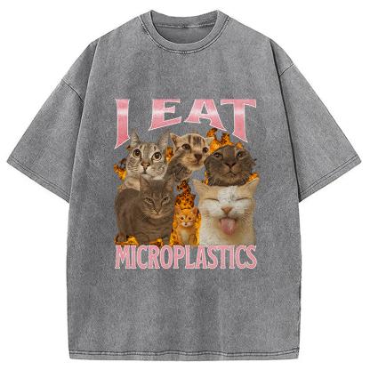 Tokyocanvas I Eat Microplastics Funny Cat Meme Washed T-Shirt
