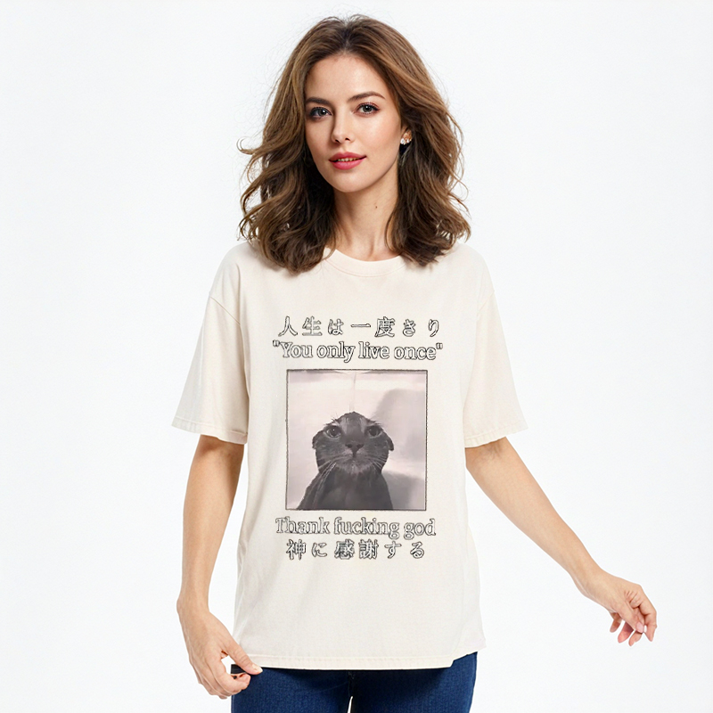 Tokyocanvas Funny Melancholy Cat Washed T-Shirt