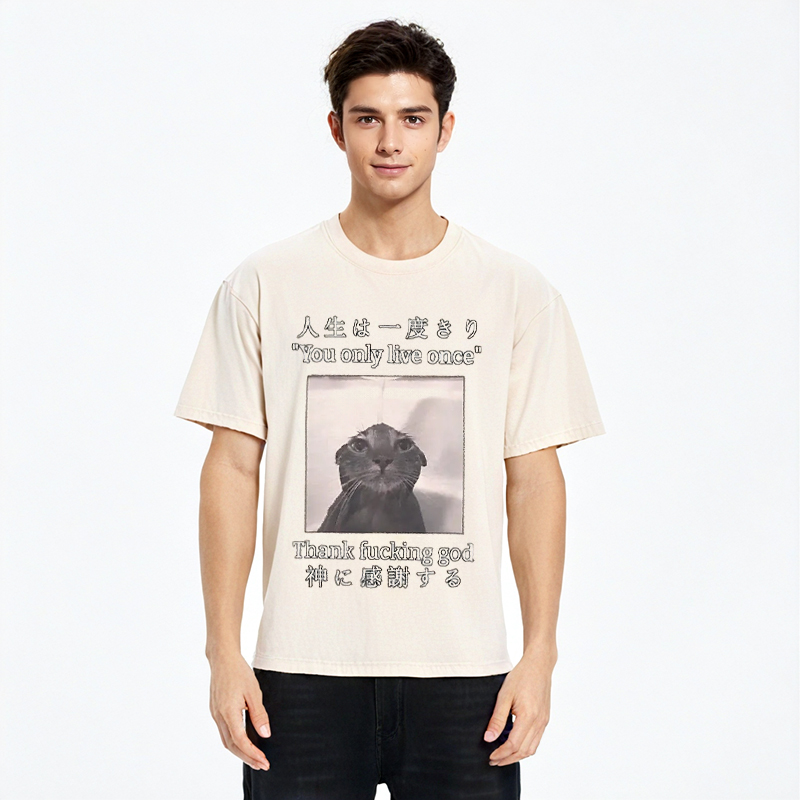 Tokyocanvas Funny Melancholy Cat Washed T-Shirt