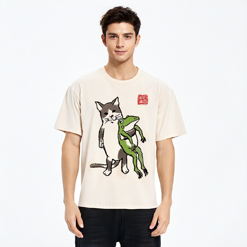 Tokyocanvas Cat Holding A Frog Washed T-Shirt