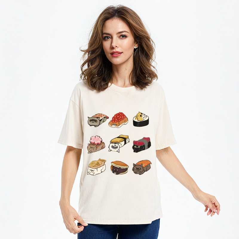 Tokyocanvas Cute Cat Sushi Washed T-Shirt
