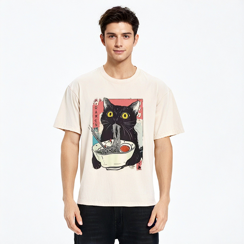 Tokyocanvas Cute Cat Eating Ramen Washed T-Shirt