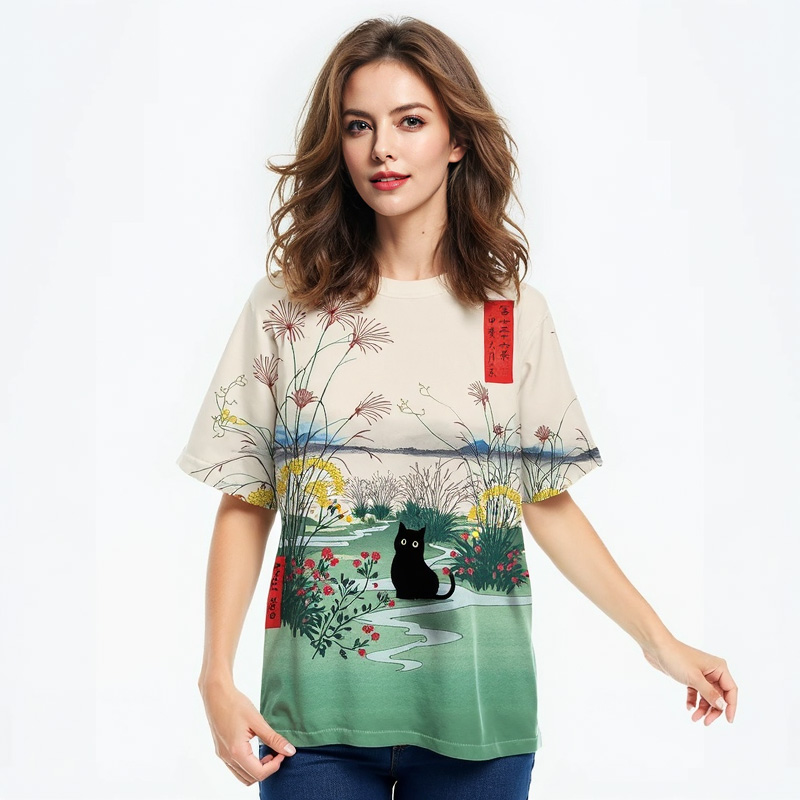 Tokyocanvas Black Cat Otsuki Plain in Kai Province Japanese Edo Period Mount Fuji Washed T-Shirt