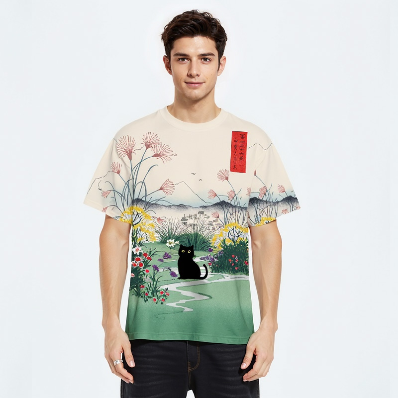 Tokyocanvas Black Cat Otsuki Plain in Kai Province Japanese Edo Period Mount Fuji Washed T-Shirt
