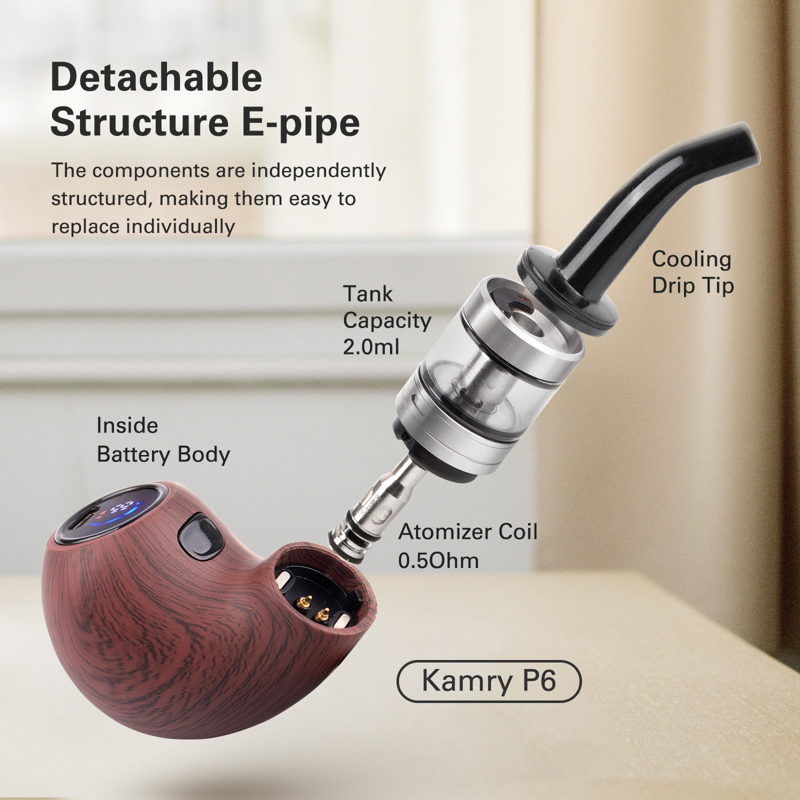 Kamry P6 Classical E Pipe, Rechargeable 1400mah, E Cigarette Starter Kit Airflow Adjustable, Refillable Atomizer Tank with Micro USB Charger, E Pipes Vapor Gift Package