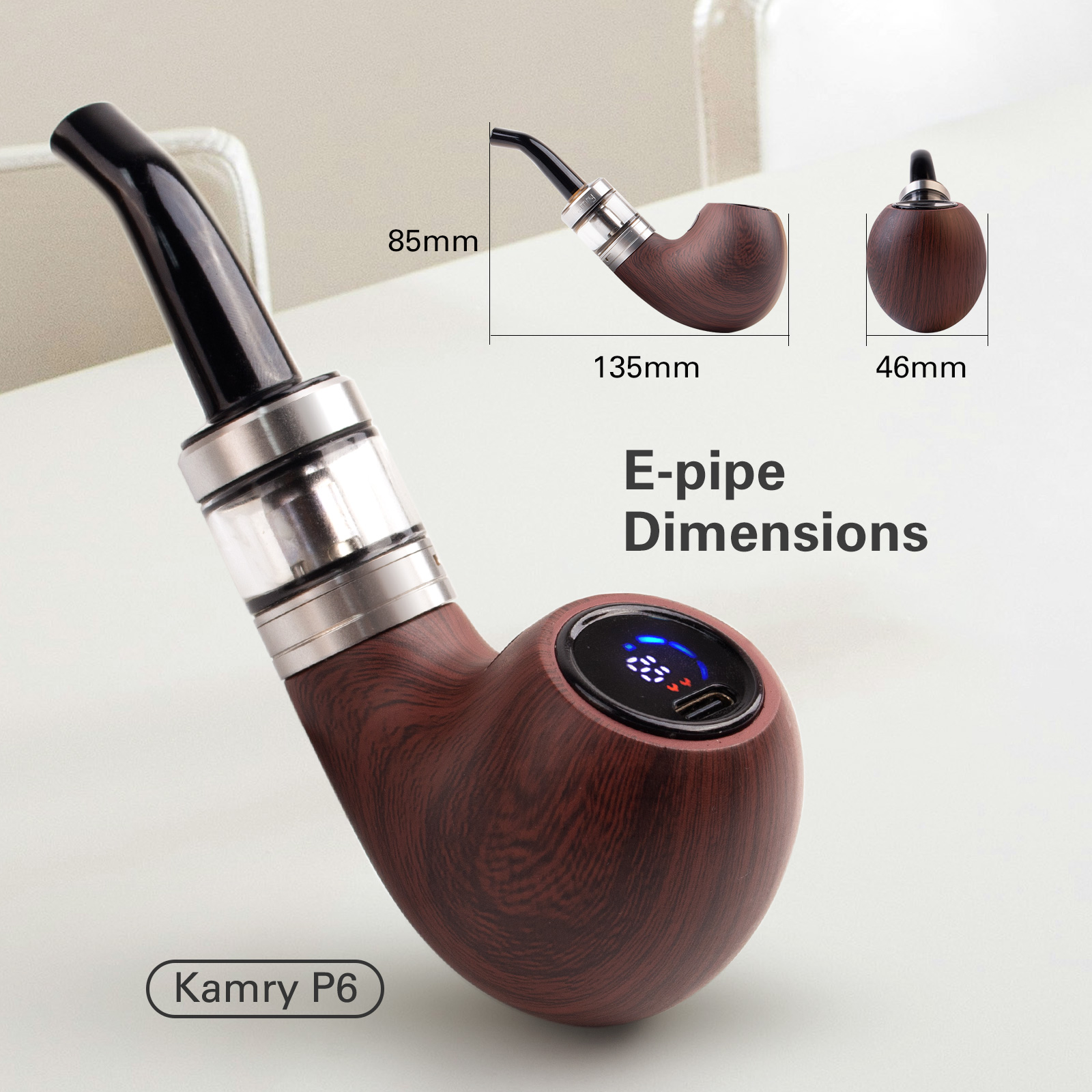 Kamry P6 Classical E Pipe, Rechargeable 1400mah, E Cigarette Starter Kit Airflow Adjustable, Refillable Atomizer Tank with Micro USB Charger, E Pipes Vapor Gift Package
