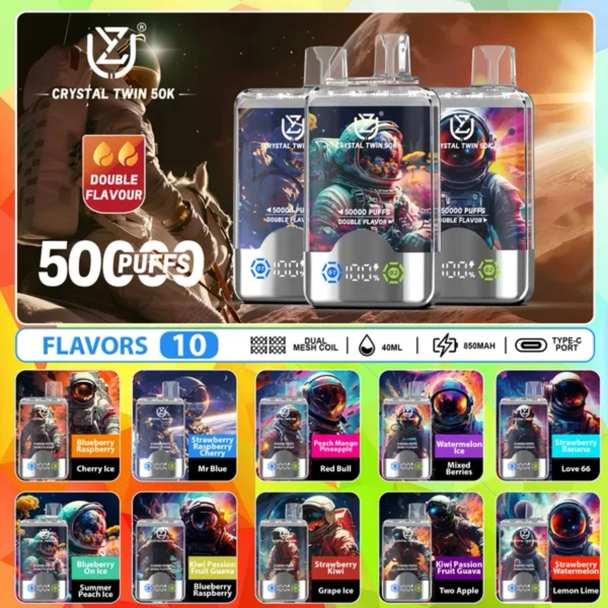 UZY Crystal Twin 50000 Puffs Double Flavor Disposable Vape with Dual Mesh Coil