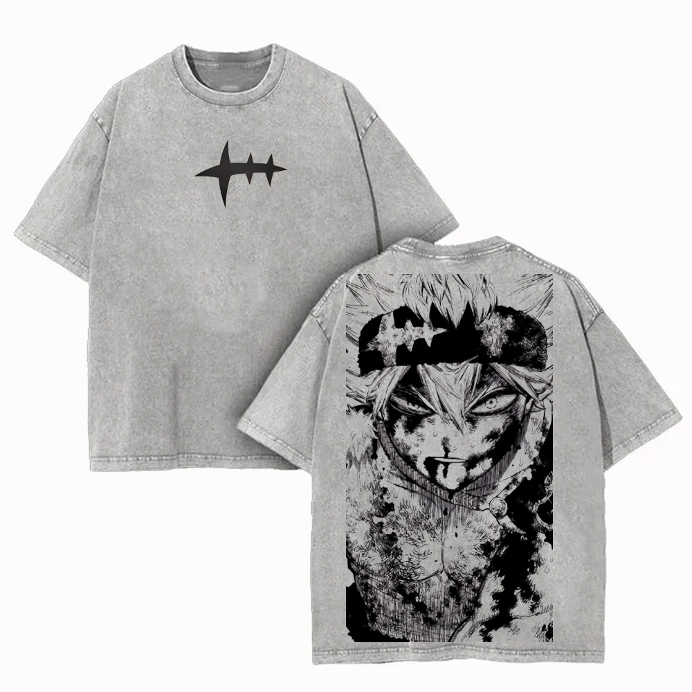 Asta X Black Bulls Black Clover Anime Double Printed Vintage Washed Unisex T-shirt