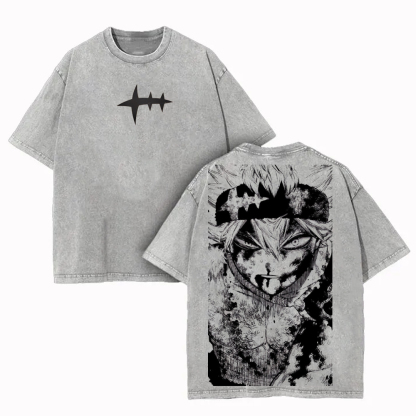 Asta X Black Bulls Black Clover Anime Double Printed Vintage Washed Unisex T-shirt