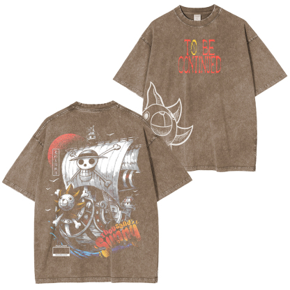 Sail into style with the Sunny Pirate Ship One Piece Unisex Anime-Inspired Retro T-Shirt