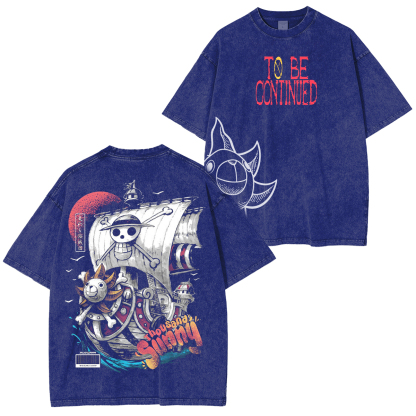 Sail into style with the Sunny Pirate Ship One Piece Unisex Anime-Inspired Retro T-Shirt