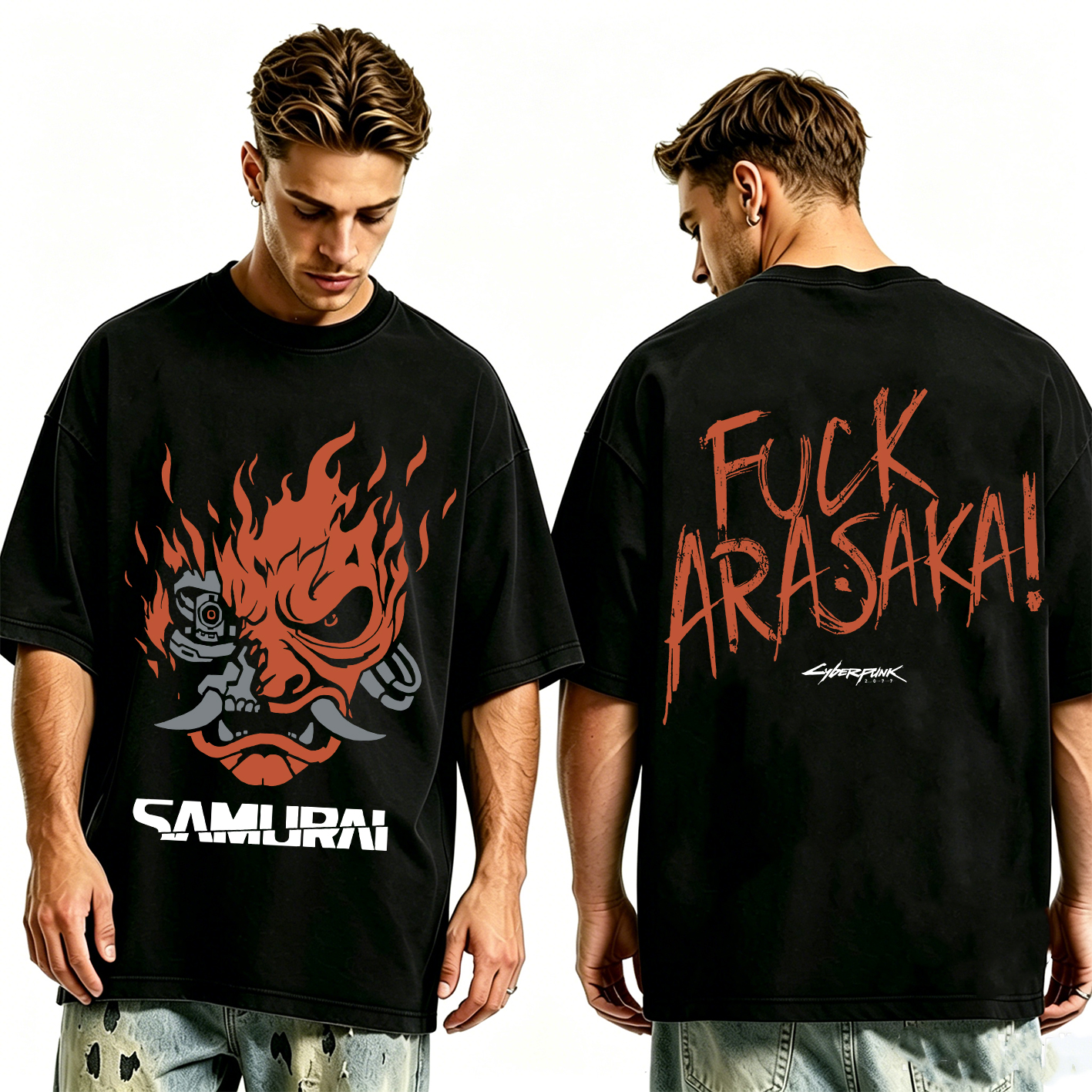 Samurai Cyberpunk 2077 Unisex Washed T-Shirt-Back