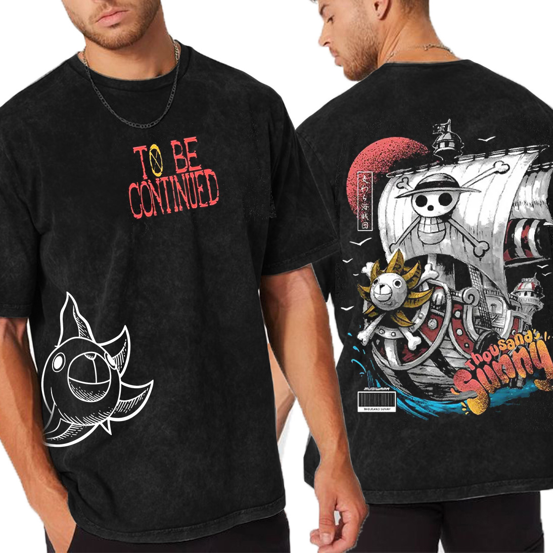 Sail into style with the Sunny Pirate Ship One Piece Unisex Anime-Inspired Retro T-Shirt