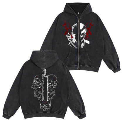 Guts x Griffith Berserk Anime Unisex Washed Zip Up Hoodie