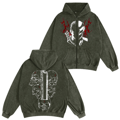 Guts x Griffith Berserk Anime Unisex Washed Zip Up Hoodie