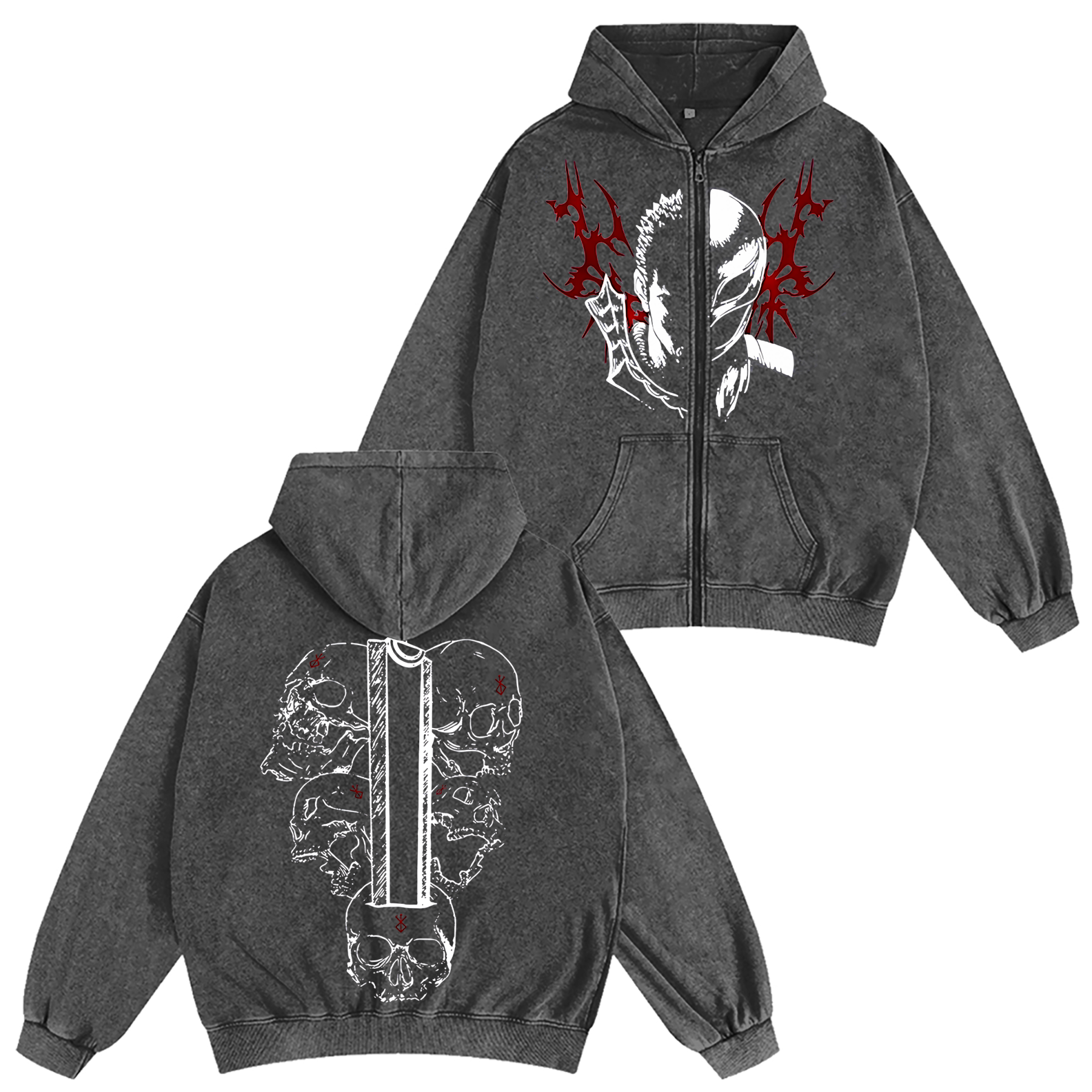 Guts x Griffith Berserk Anime Unisex Washed Zip Up Hoodie