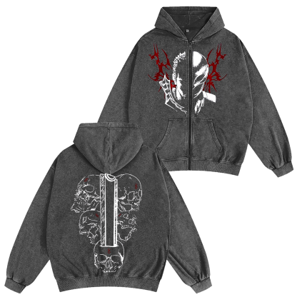 Guts x Griffith Berserk Anime Unisex Washed Zip Up Hoodie