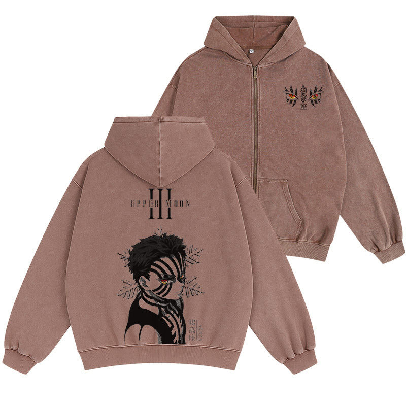 Akaza,Demon Slayer Unisex Washed Zip Up Hoodie