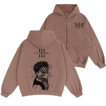 Akaza,Demon Slayer Unisex Washed Zip Up Hoodie