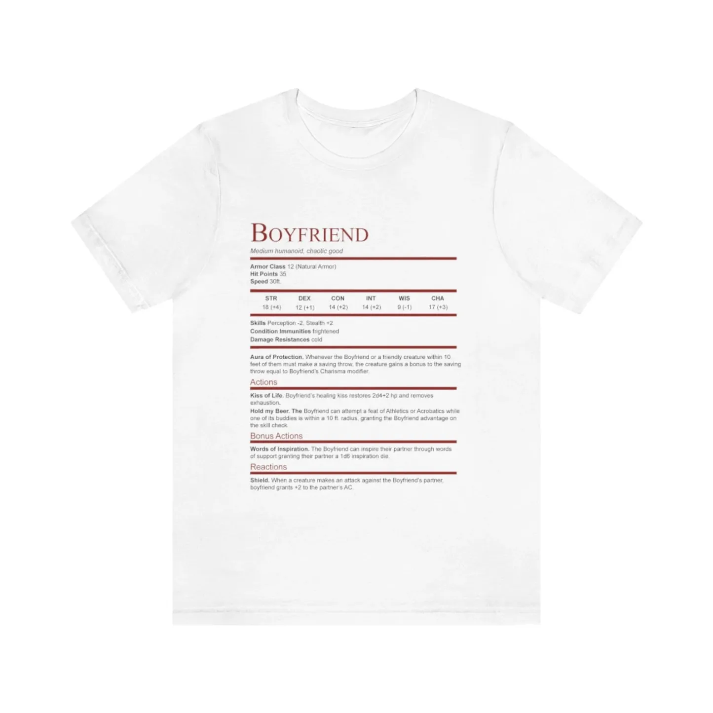 D&D Boyfriend Stat Block Shirt | Unisex Jersey Short Sleeve Tee