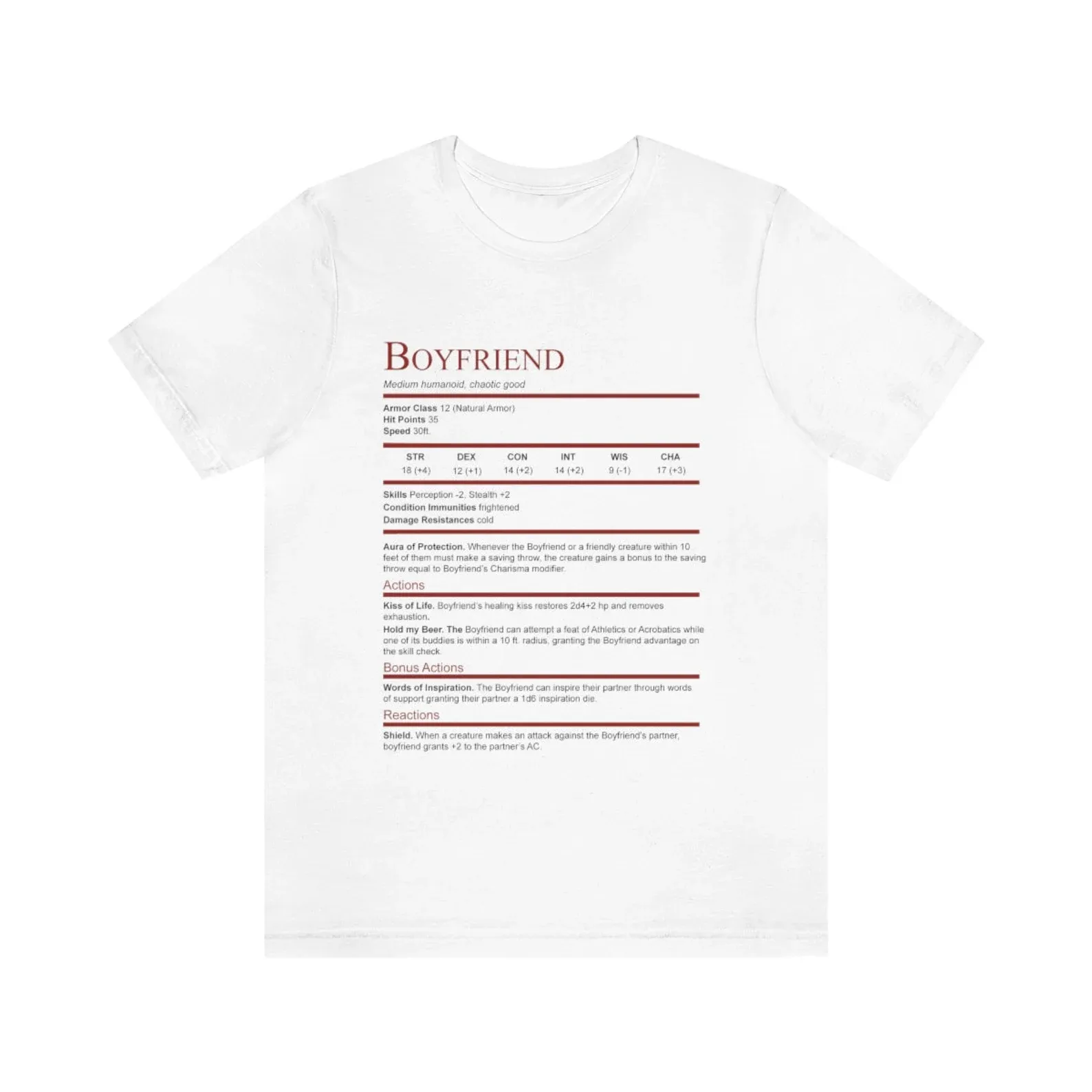 D&D Boyfriend Stat Block Shirt | Unisex Jersey Short Sleeve Tee
