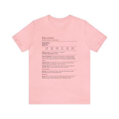 D&D Grandma Stat Block Shirt | Unisex Jersey Short Sleeve Tee