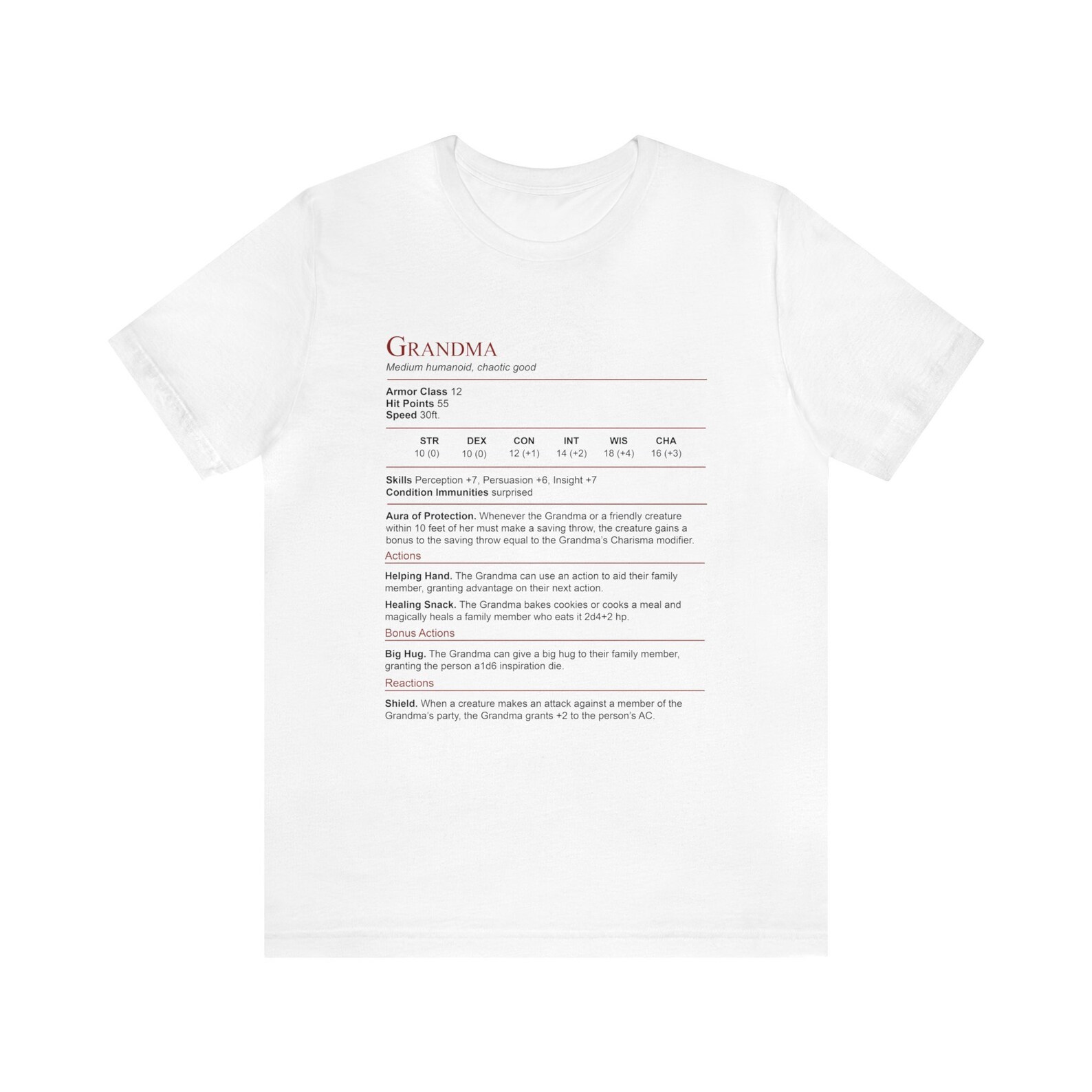D&D Grandma Stat Block Shirt | Unisex Jersey Short Sleeve Tee