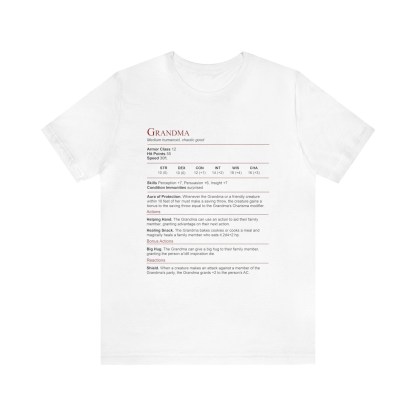 D&D Grandma Stat Block Shirt | Unisex Jersey Short Sleeve Tee