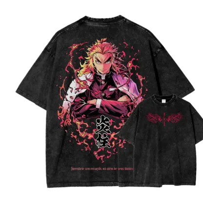 Demon Slayer Rengoku Kyoujurou Unisex Fit Washed T-Shirt 2504004054