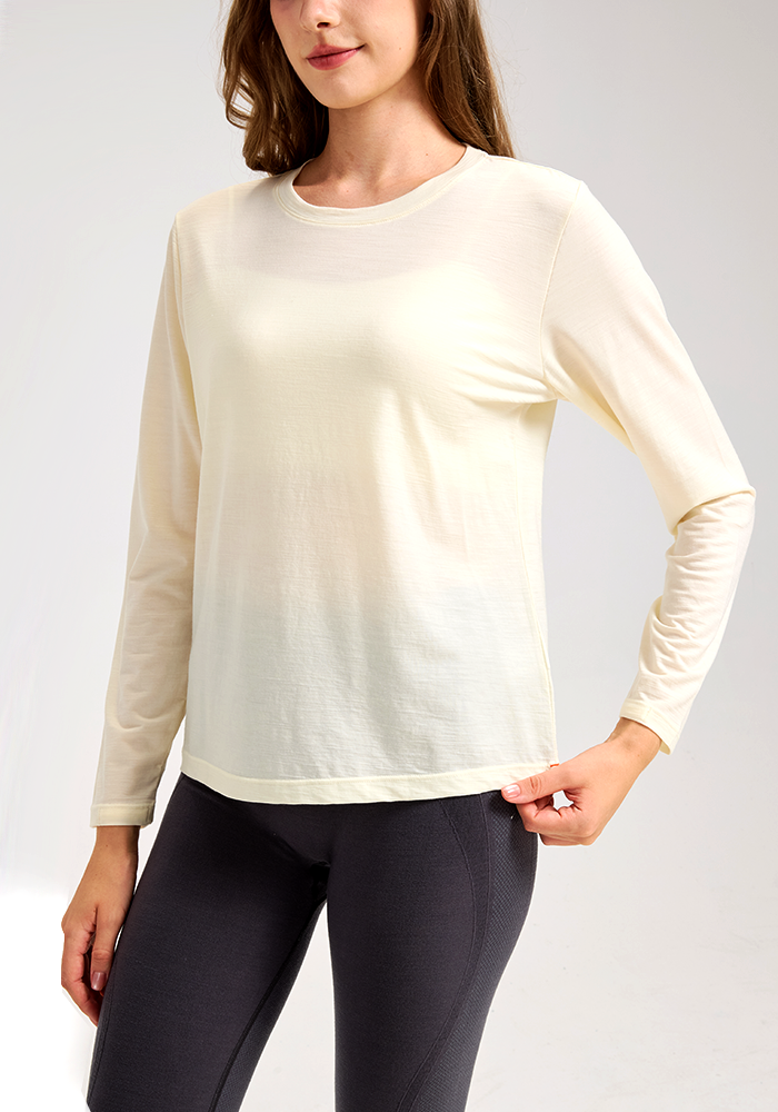 Ladies Merino Wool Sports Tight-Fitting Crew Neck Long Sleeve Top