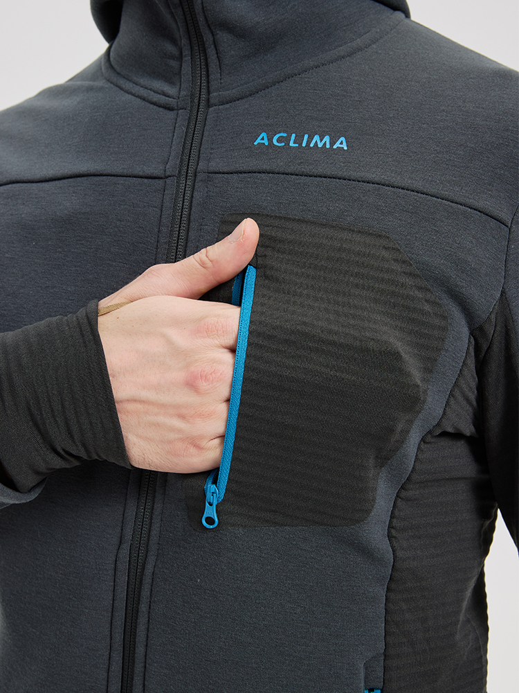Men's winter sports merino wool fleece lined hooded jacket;