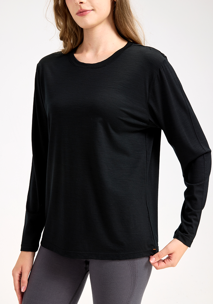 Ladies Merino Wool Sports Tight-Fitting Crew Neck Long Sleeve Top