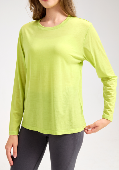 Ladies Merino Wool Sports Tight-Fitting Crew Neck Long Sleeve Top