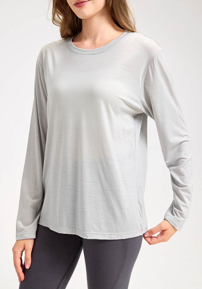 Ladies Merino Wool Sports Tight-Fitting Crew Neck Long Sleeve Top
