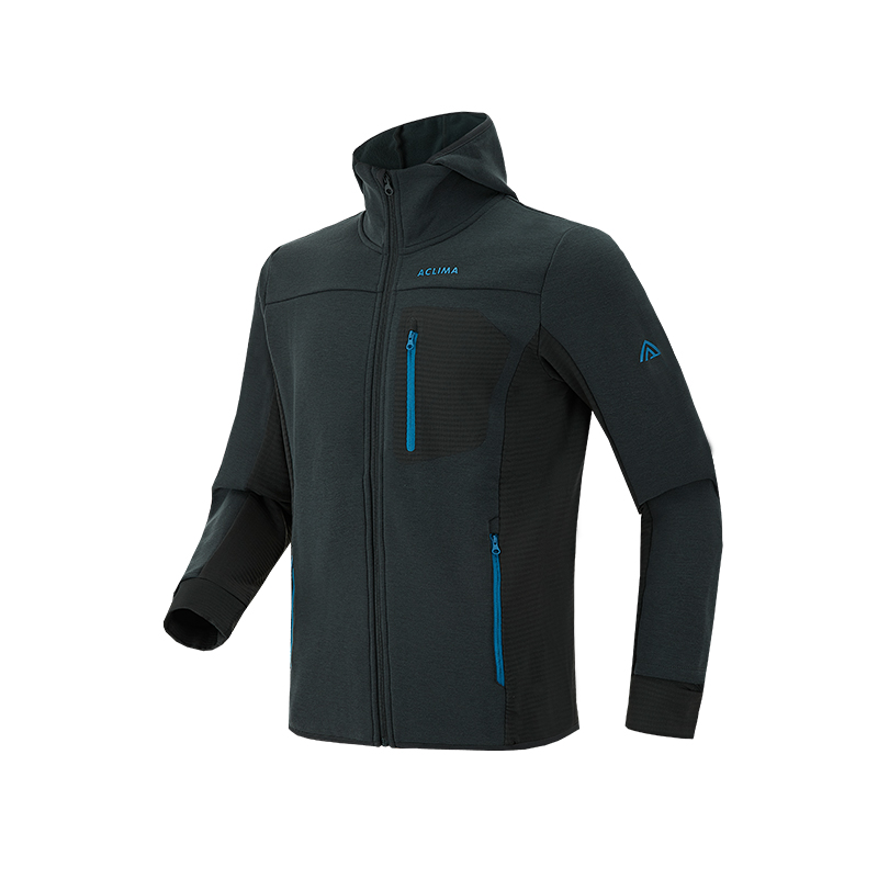Men's winter sports merino wool fleece lined hooded jacket;