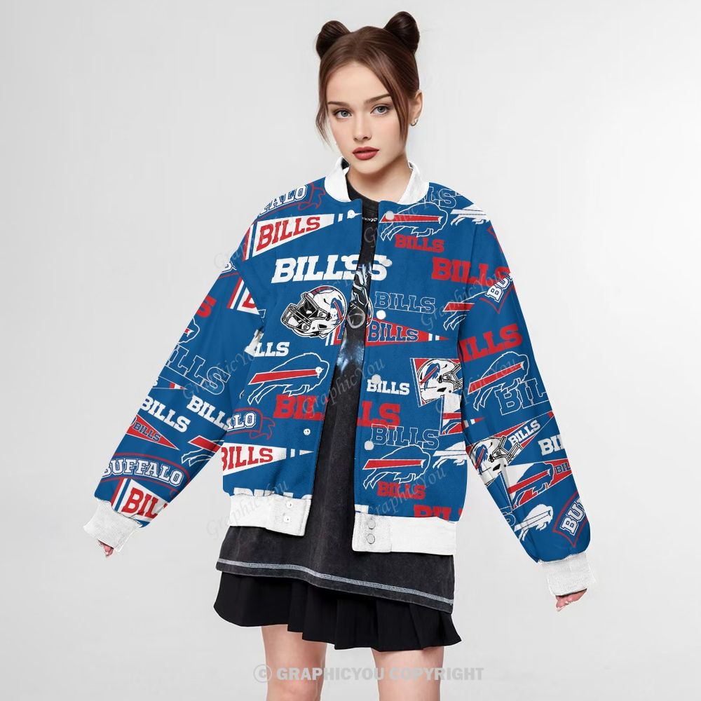 Unisex Buffalo Bills Fashion Print Baseball Jacket with Pockets