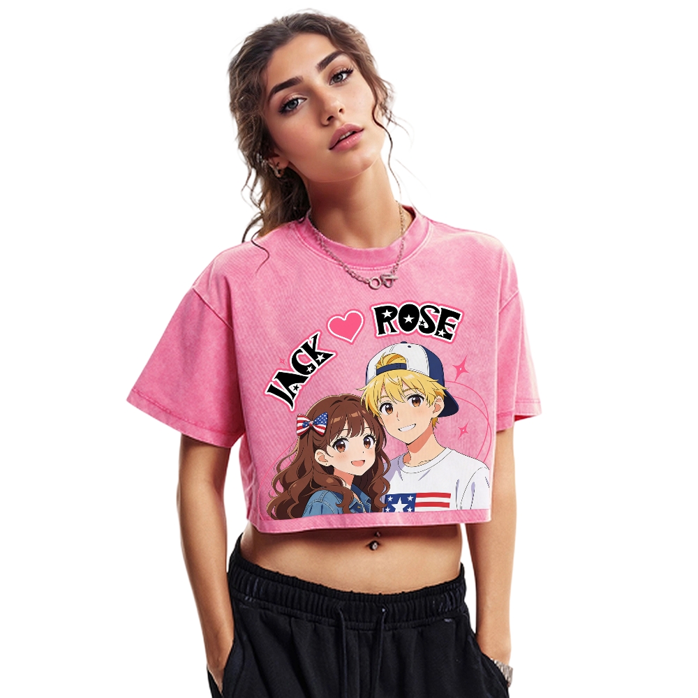 Unisex Customized Name For Couples Washed Cropped T-Shirt