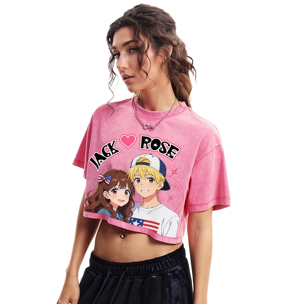 Unisex Customized Name For Couples Washed Cropped T-Shirt