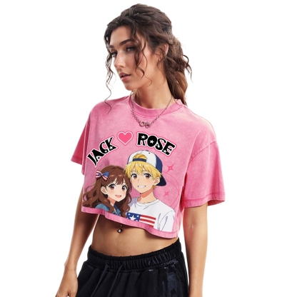 Unisex Customized Name For Couples Washed Cropped T-Shirt