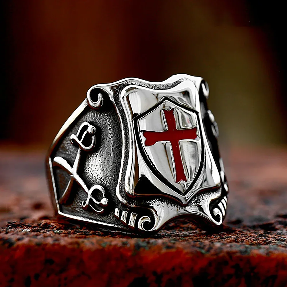 Vintage Templar Cross Shield Ring Men's Gothic Punk-925 Sterling Silver