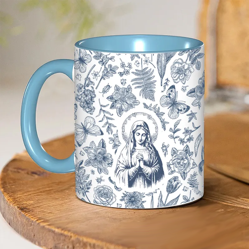 Personalized Catholic Virgin Mary Vintage Floral Butterfly Ceramic Mug with Name Our Lady Coffee Cup Catholic Marian Mug