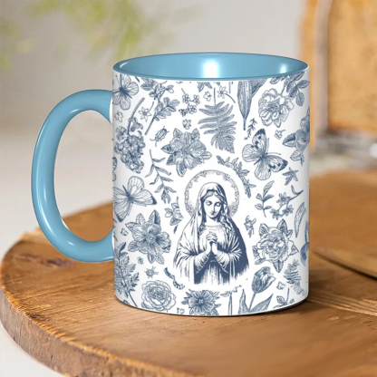 Personalized Catholic Virgin Mary Vintage Floral Butterfly Ceramic Mug with Name Our Lady Coffee Cup Catholic Marian Mug
