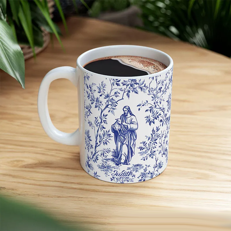 Personalized Catholic Virgin Mary Vintage Floral Butterfly Ceramic Mug with Name Our Lady Coffee Cup Catholic Marian Mug