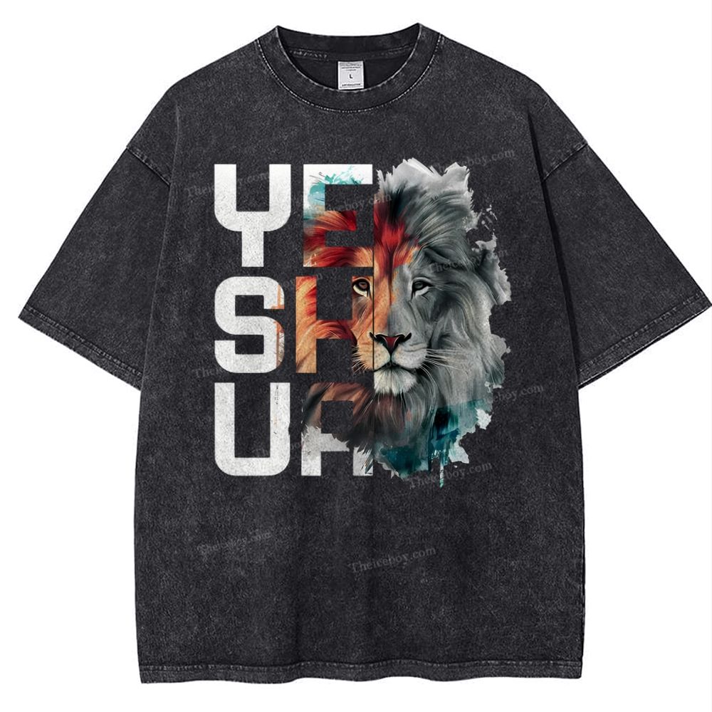 Lion And Yeshua Christian Snowflake Vintage Washed T-Shirt
