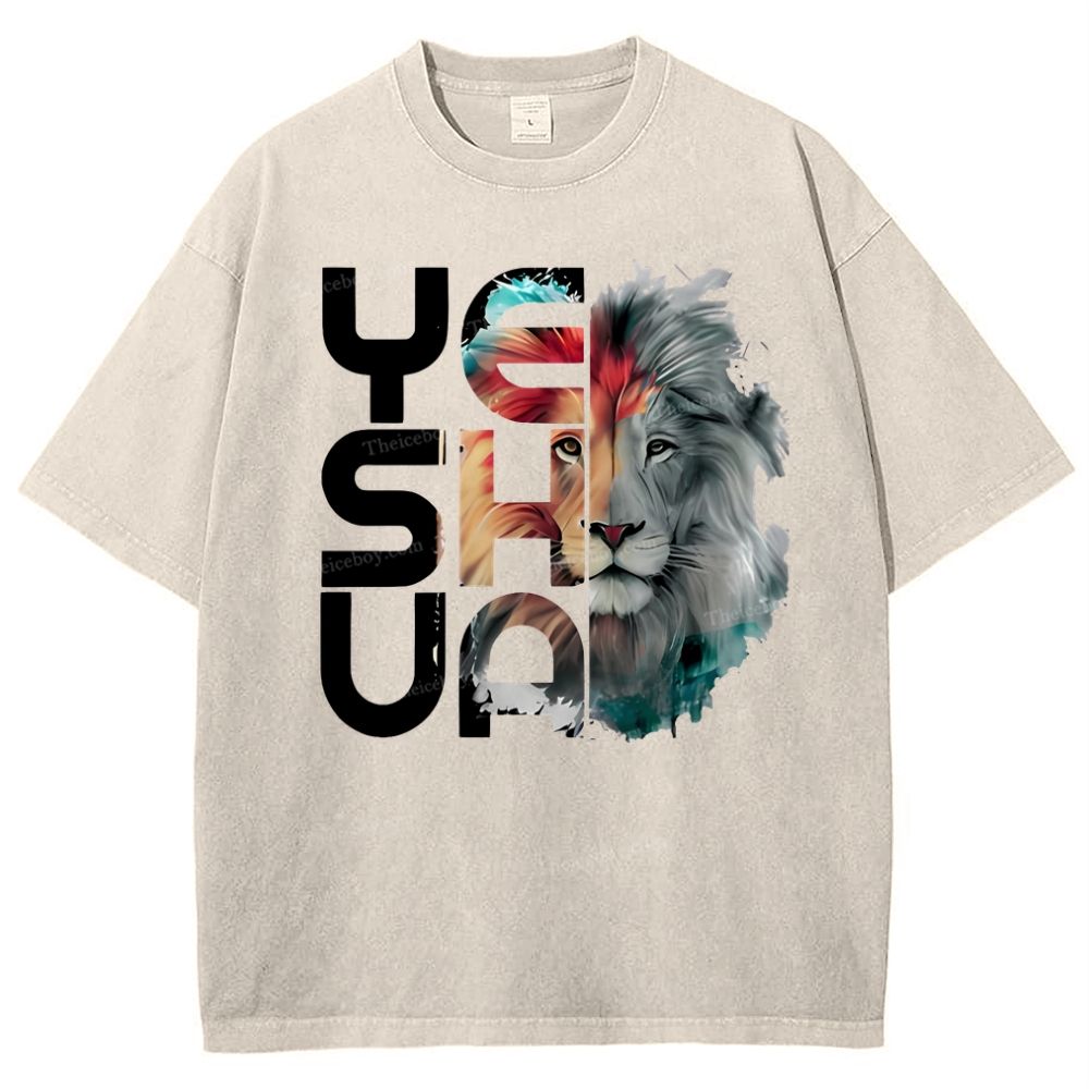 Lion And Yeshua Christian Snowflake Vintage Washed T-Shirt