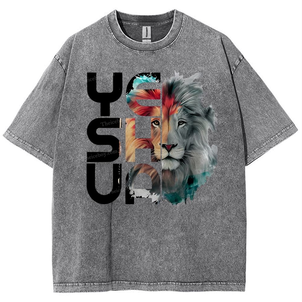 Lion And Yeshua Christian Snowflake Vintage Washed T-Shirt