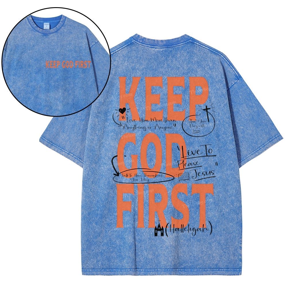 Keep God First Christian Snowflake Vintage Washed T-Shirt