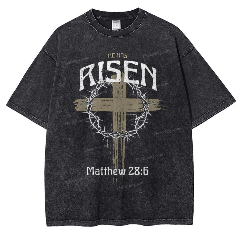 He Has Risen Matthew 28:6 Snowflake Vintage Washed T-Shirt