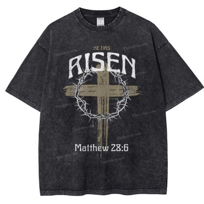 He Has Risen Matthew 28:6 Snowflake Vintage Washed T-Shirt